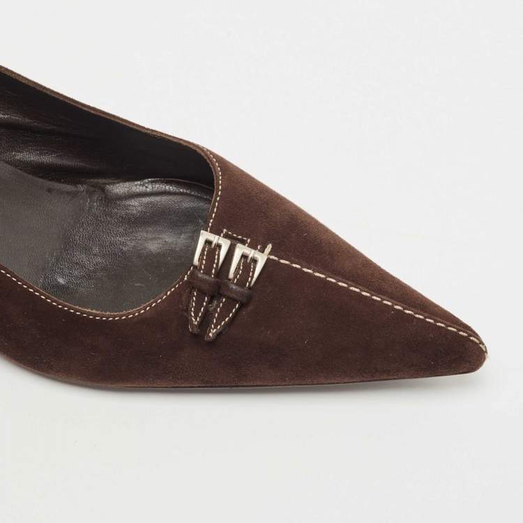 Pre Owned Prada Brown Suede Buckle Embellished Pointed Toe Pumps Size 37.5