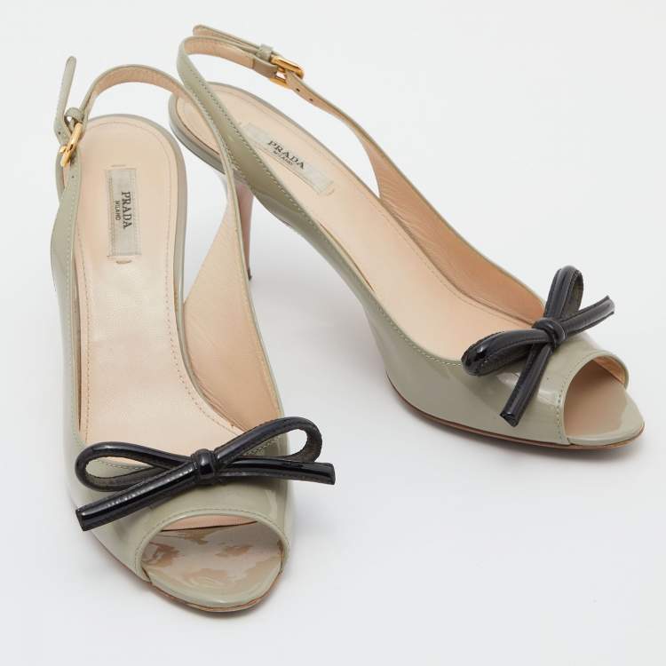 Pre Owned Prada Light Green Patent Leather Bow Slingback Sandals Size 39