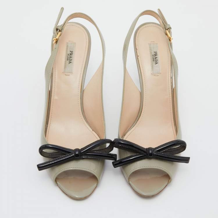 Pre Owned Prada Light Green Patent Leather Bow Slingback Sandals Size 39