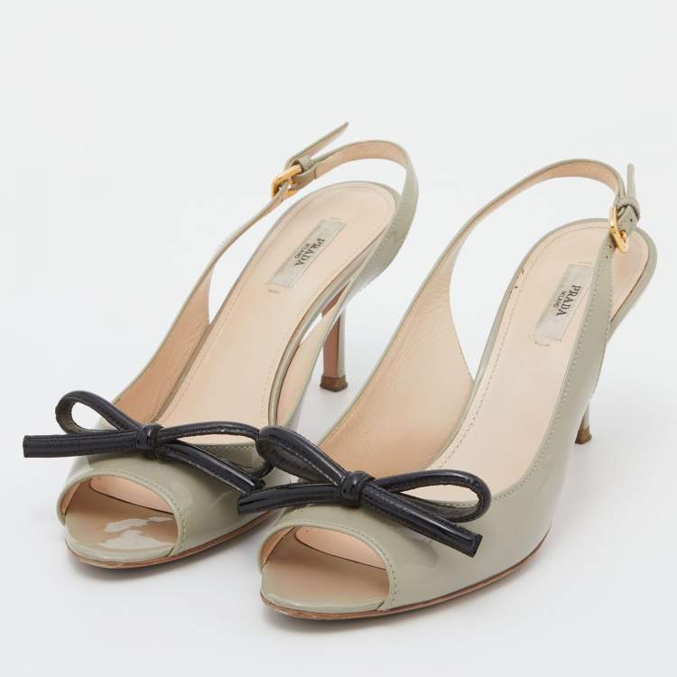 Pre Owned Prada Light Green Patent Leather Bow Slingback Sandals Size 39