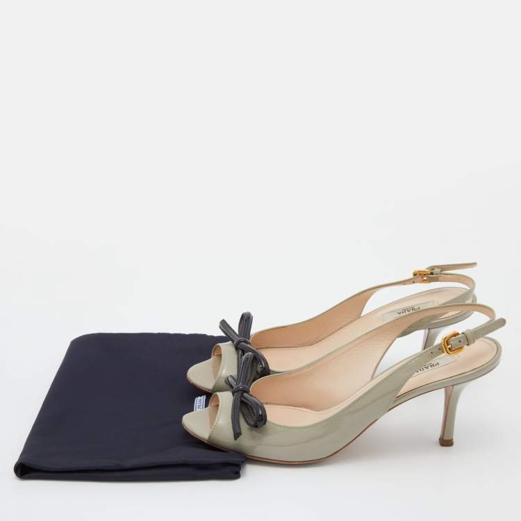 Pre Owned Prada Light Green Patent Leather Bow Slingback Sandals Size 39