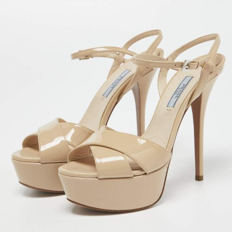 Pre Owned Prada Beige Patent Leather Cross Strap Platform Ankle Strap Sandals Size 37.5