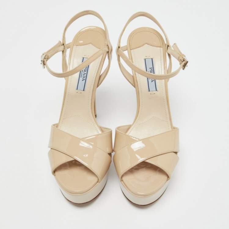 Pre Owned Prada Beige Patent Leather Cross Strap Platform Ankle Strap Sandals Size 37.5