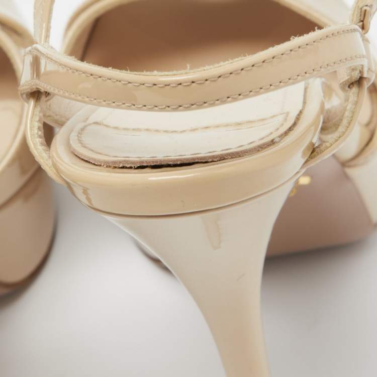 Pre Owned Prada Beige Patent Leather Cross Strap Platform Ankle Strap Sandals Size 37.5