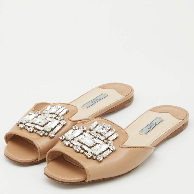 Pre Owned Prada Beige Patent Leather Crystal Embellished Flat Slides Size 38
