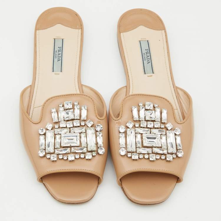 Pre Owned Prada Beige Patent Leather Crystal Embellished Flat Slides Size 38