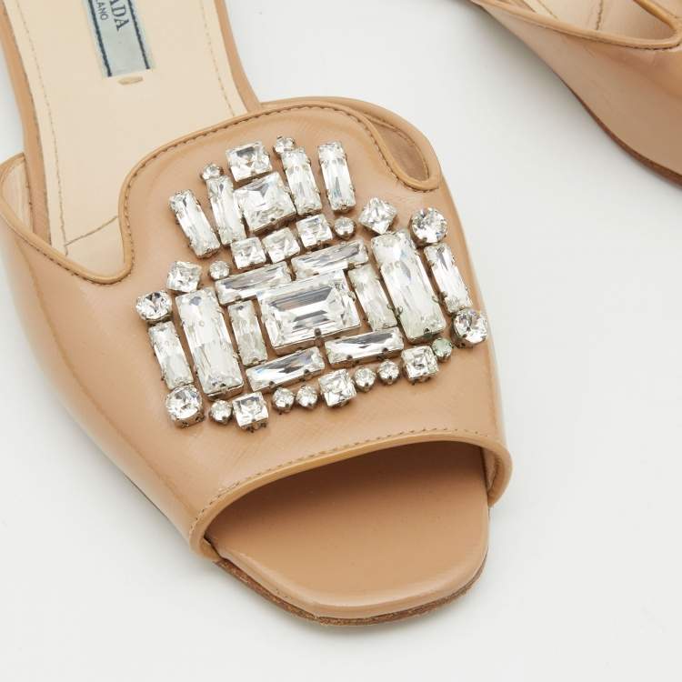 Pre Owned Prada Beige Patent Leather Crystal Embellished Flat Slides Size 38