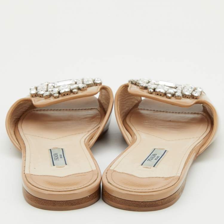 Pre Owned Prada Beige Patent Leather Crystal Embellished Flat Slides Size 38