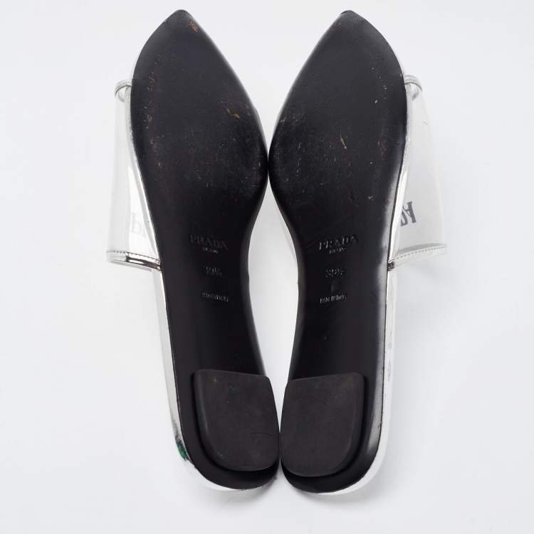 Pre Owned Prada Silver Foil Leather and PVC Flat Slides Size 39.5
