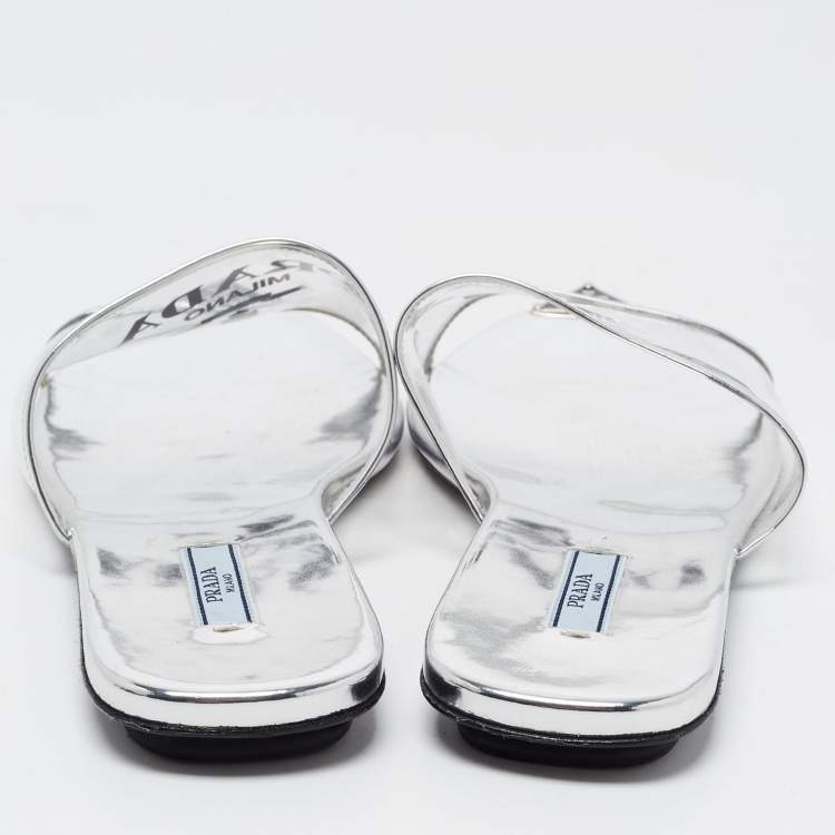 Pre Owned Prada Silver Foil Leather and PVC Flat Slides Size 39.5