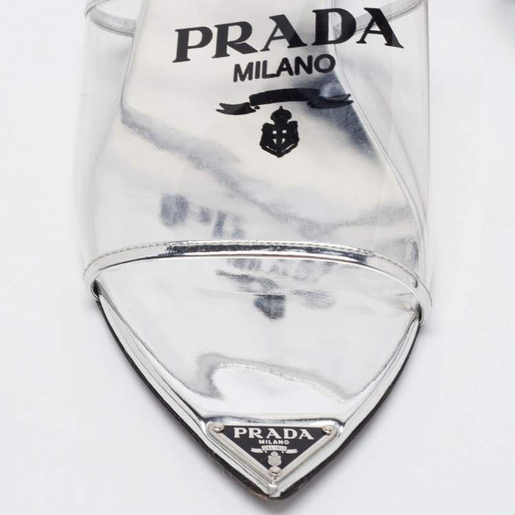 Pre Owned Prada Silver Foil Leather and PVC Flat Slides Size 39.5