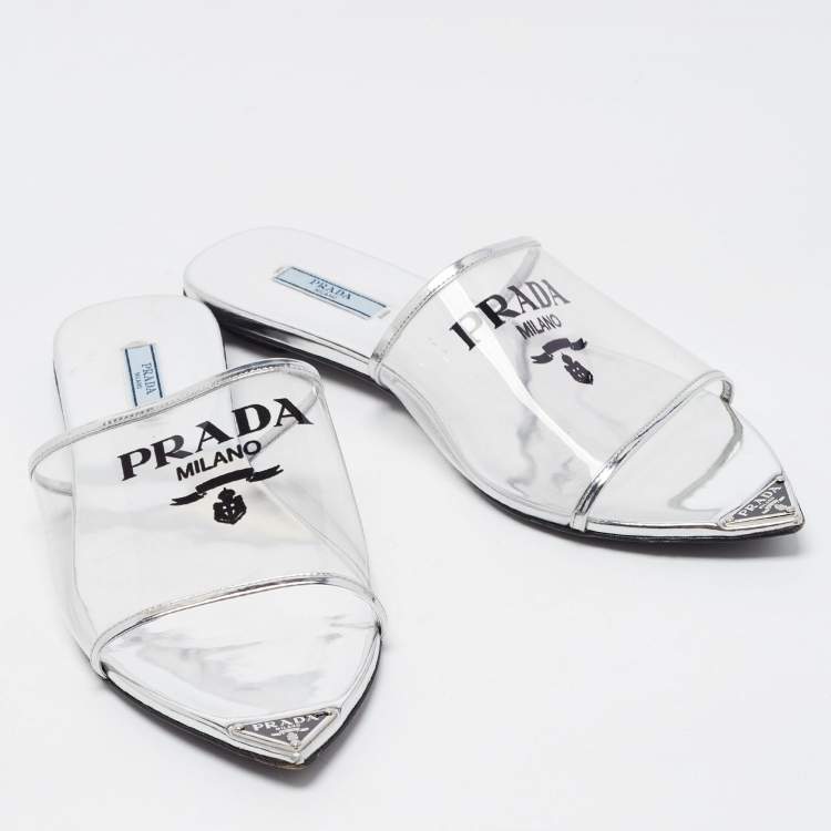 Pre Owned Prada Silver Foil Leather and PVC Flat Slides Size 39.5