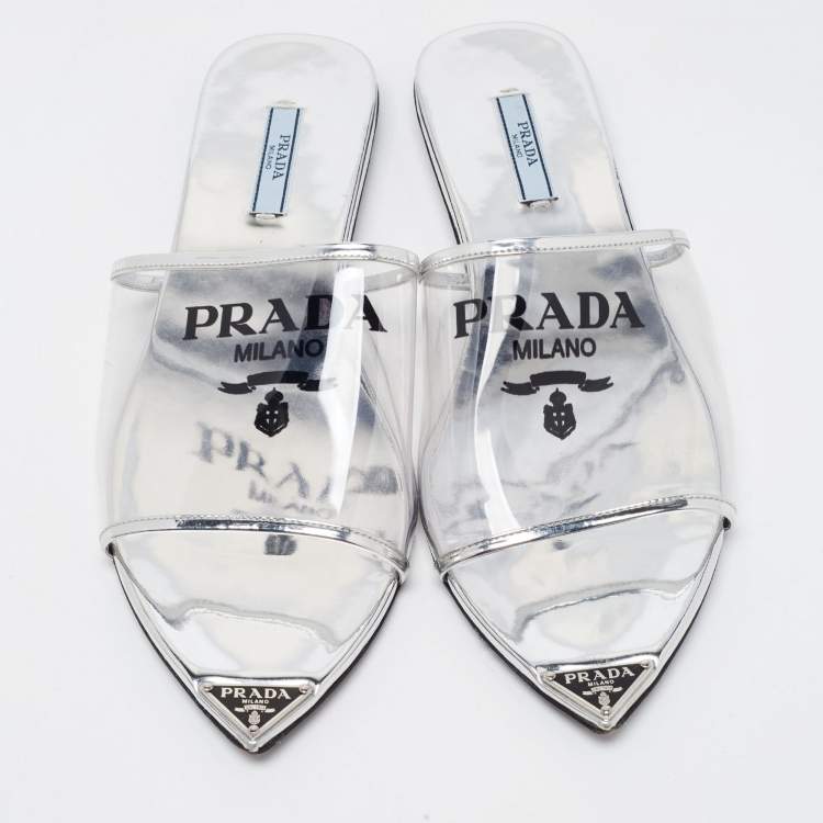 Pre Owned Prada Silver Foil Leather and PVC Flat Slides Size 39.5