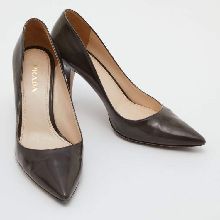Pre Owned Prada Dark Brown Leather Pointed Toe Pumps Size 38.5