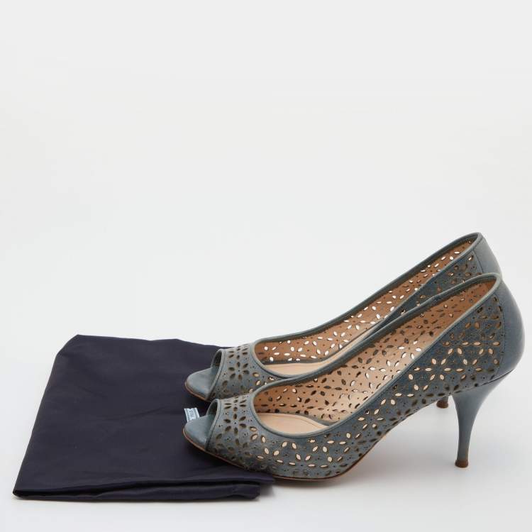 Pre Owned Prada Light Blue Lasercut Leather Peep Toe Pumps Size 38.5