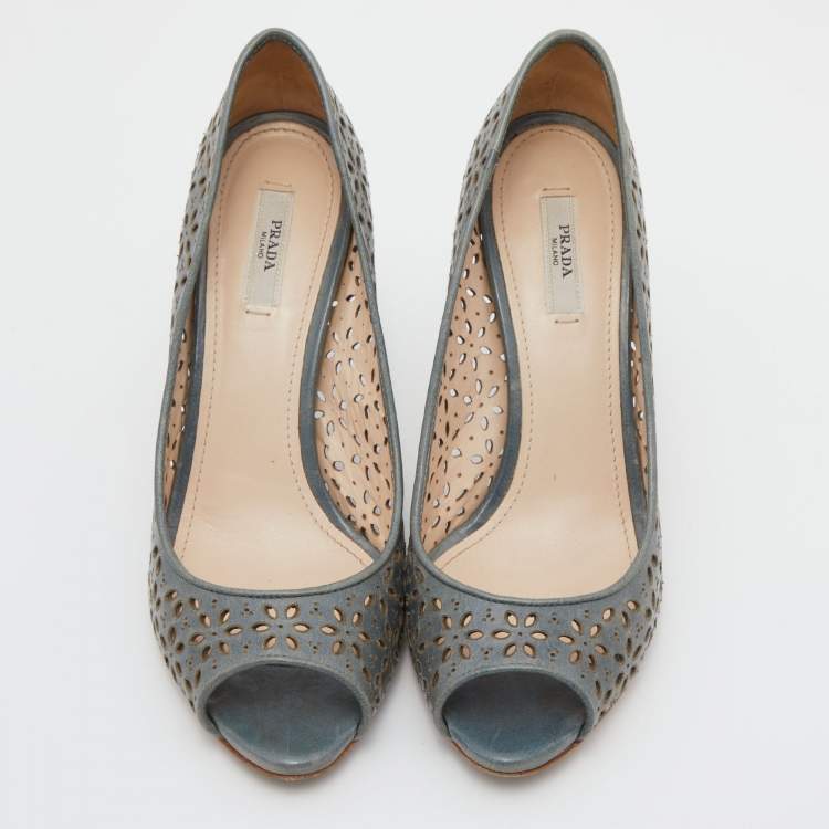 Pre Owned Prada Light Blue Lasercut Leather Peep Toe Pumps Size 38.5