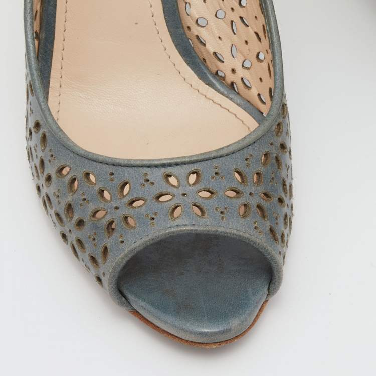 Pre Owned Prada Light Blue Lasercut Leather Peep Toe Pumps Size 38.5