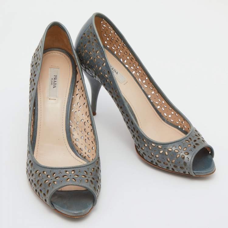 Pre Owned Prada Light Blue Lasercut Leather Peep Toe Pumps Size 38.5