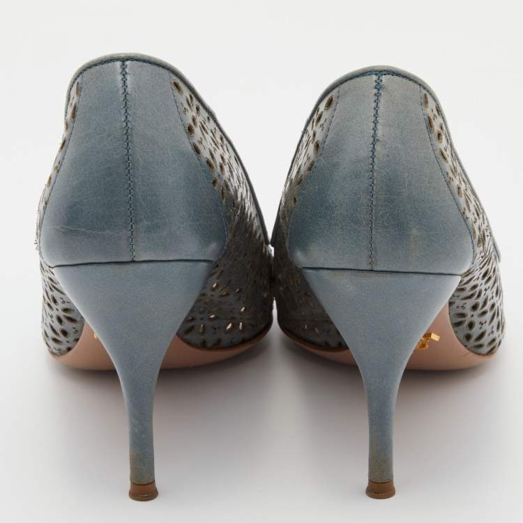 Pre Owned Prada Light Blue Lasercut Leather Peep Toe Pumps Size 38.5