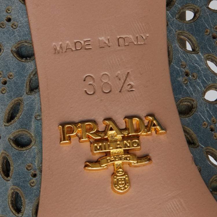 Pre Owned Prada Light Blue Lasercut Leather Peep Toe Pumps Size 38.5