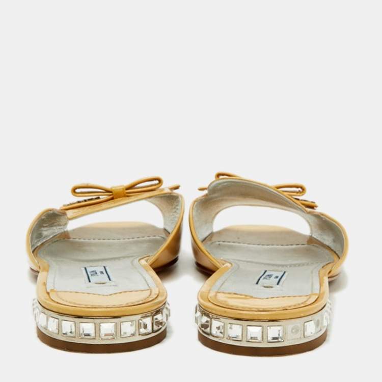 Pre Owned Prada Light Yellow Patent Leather Bow Crystal Embellished Flat Slides Size 37.5