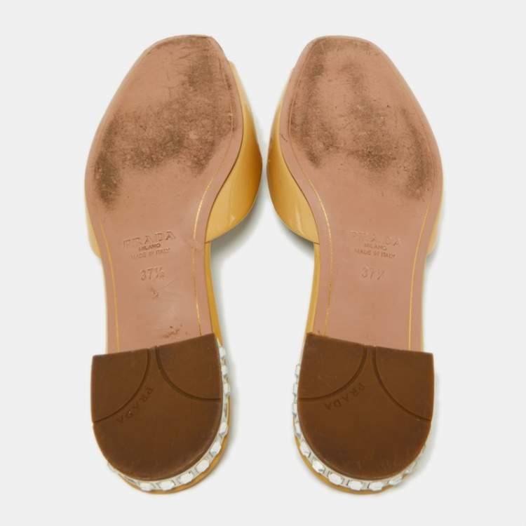 Pre Owned Prada Light Yellow Patent Leather Bow Crystal Embellished Flat Slides Size 37.5