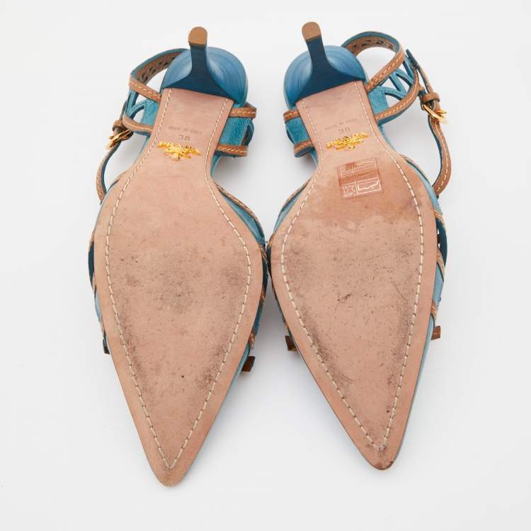 Pre Owned Prada Blue/Brown Laser Cut Leather Bow T-Strap Pumps Size 38
