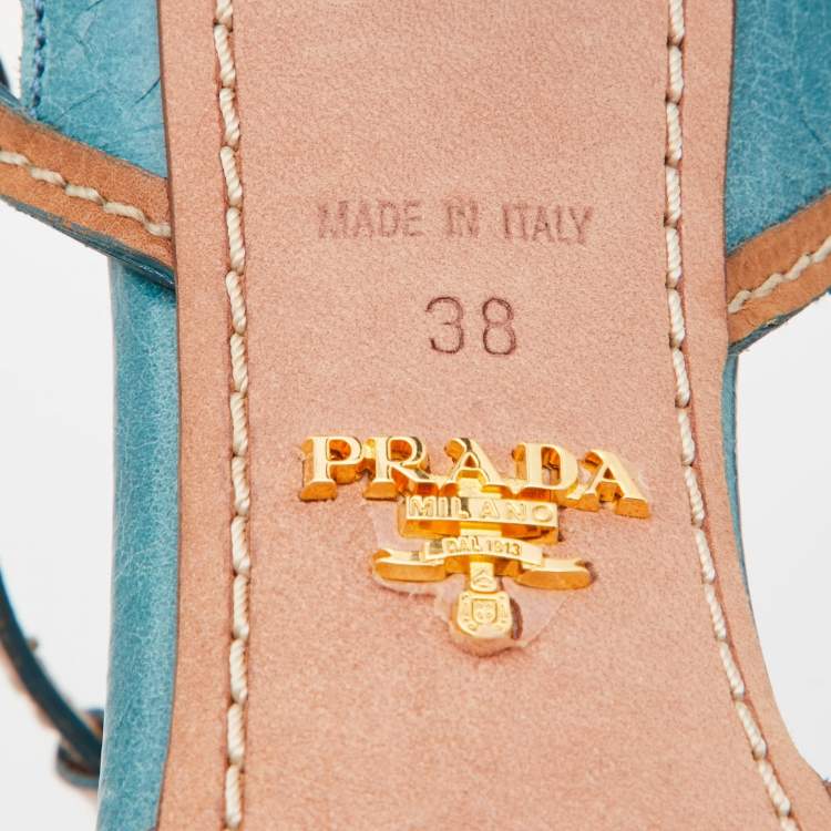 Pre Owned Prada Blue/Brown Laser Cut Leather Bow T-Strap Pumps Size 38