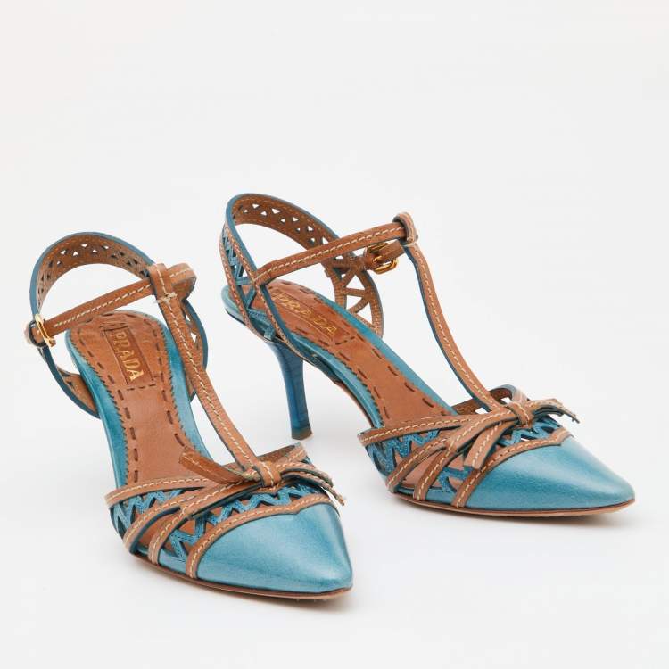 Pre Owned Prada Blue/Brown Laser Cut Leather Bow T-Strap Pumps Size 38