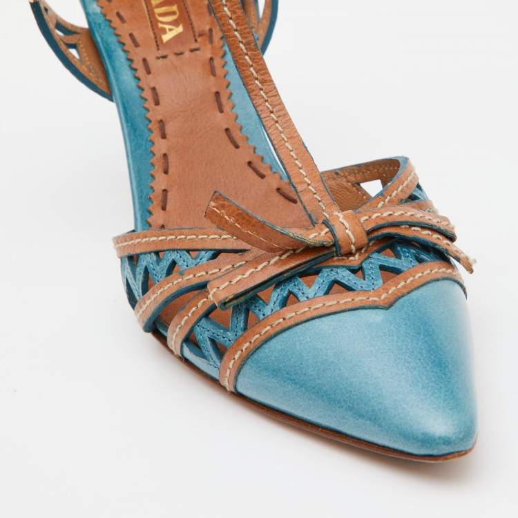 Pre Owned Prada Blue/Brown Laser Cut Leather Bow T-Strap Pumps Size 38