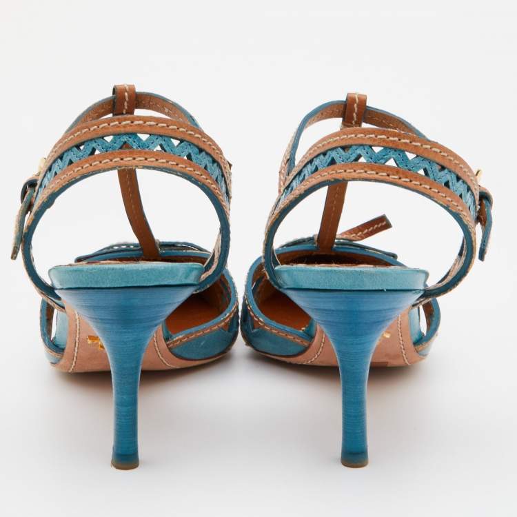 Pre Owned Prada Blue/Brown Laser Cut Leather Bow T-Strap Pumps Size 38