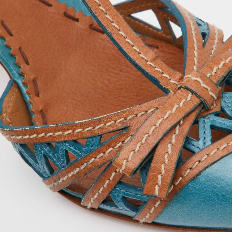 Pre Owned Prada Blue/Brown Laser Cut Leather Bow T-Strap Pumps Size 38