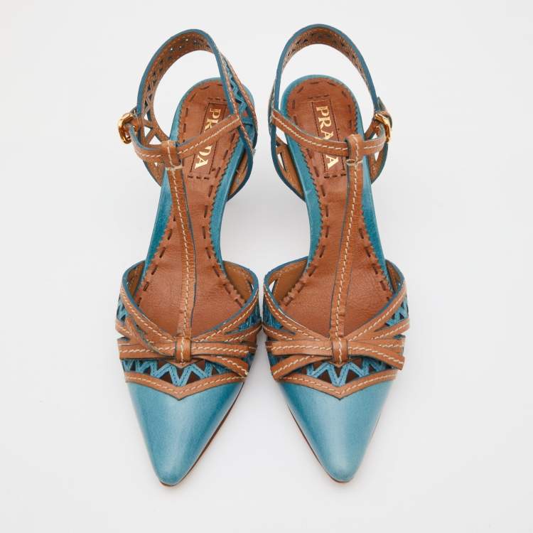 Pre Owned Prada Blue/Brown Laser Cut Leather Bow T-Strap Pumps Size 38