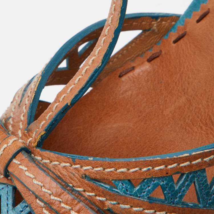 Pre Owned Prada Blue/Brown Laser Cut Leather Bow T-Strap Pumps Size 38