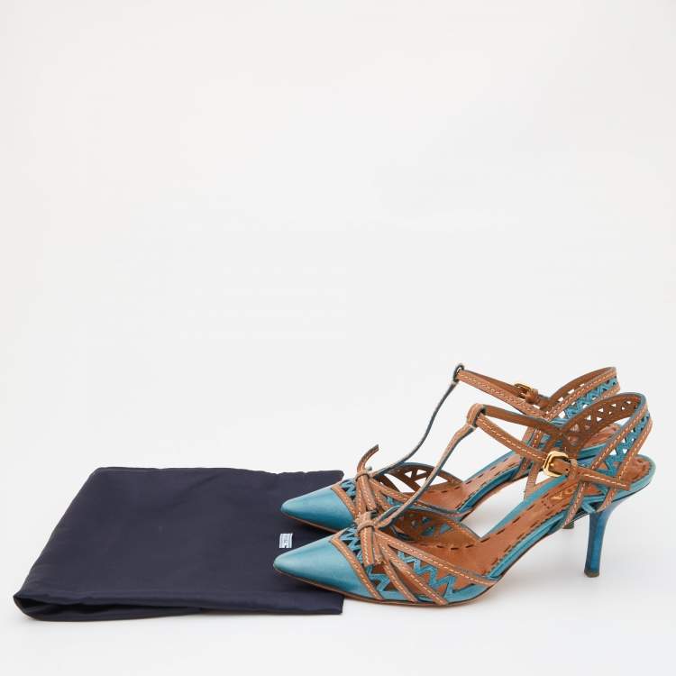 Pre Owned Prada Blue/Brown Laser Cut Leather Bow T-Strap Pumps Size 38