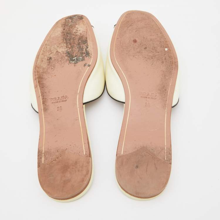 Pre Owned Prada Off White Saffiano Patent Leather Flat Slides Size 38