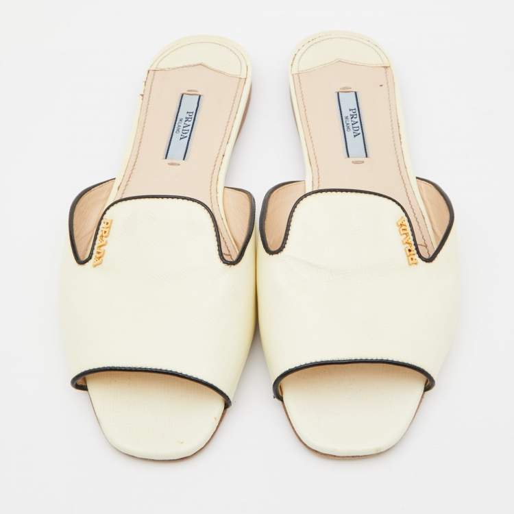 Pre Owned Prada Off White Saffiano Patent Leather Flat Slides Size 38