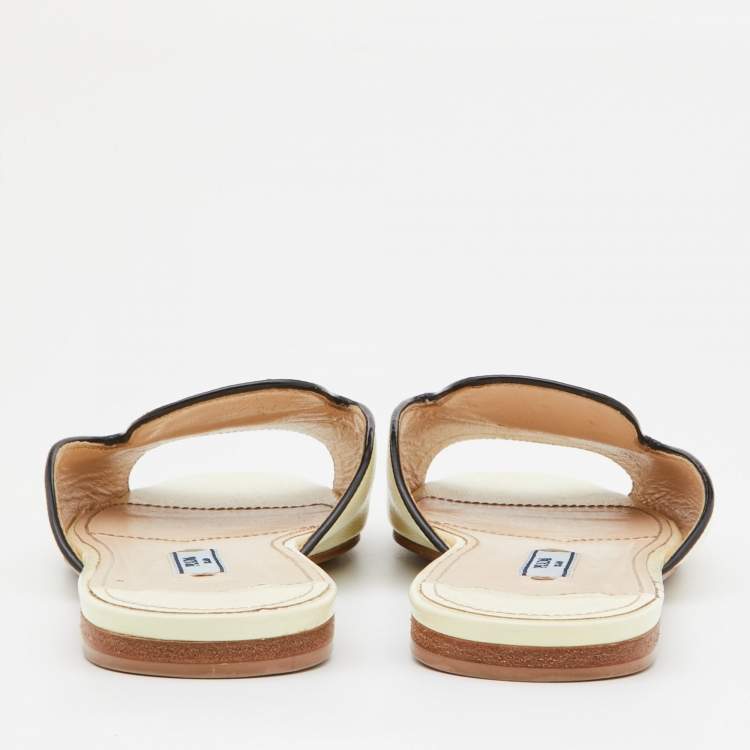 Pre Owned Prada Off White Saffiano Patent Leather Flat Slides Size 38