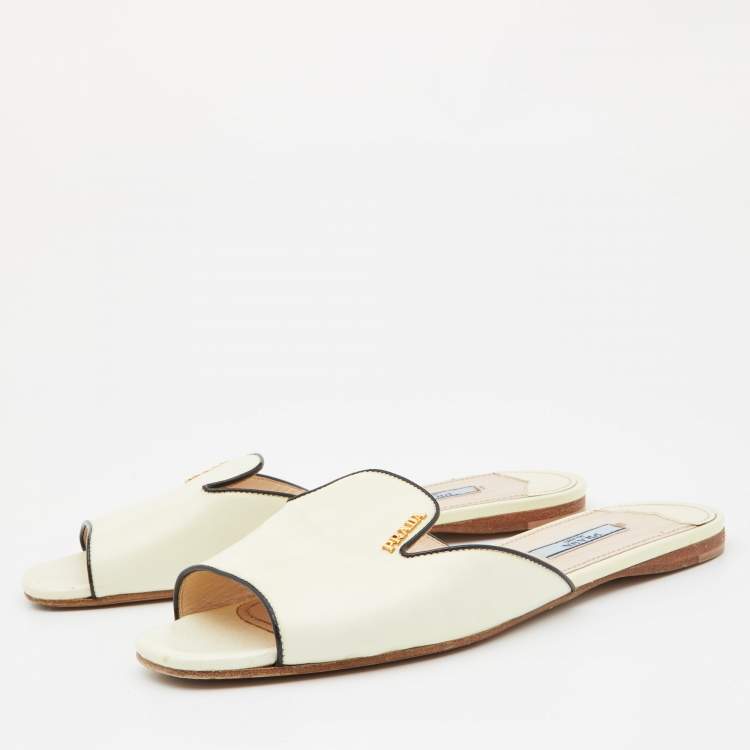 Pre Owned Prada Off White Saffiano Patent Leather Flat Slides Size 38