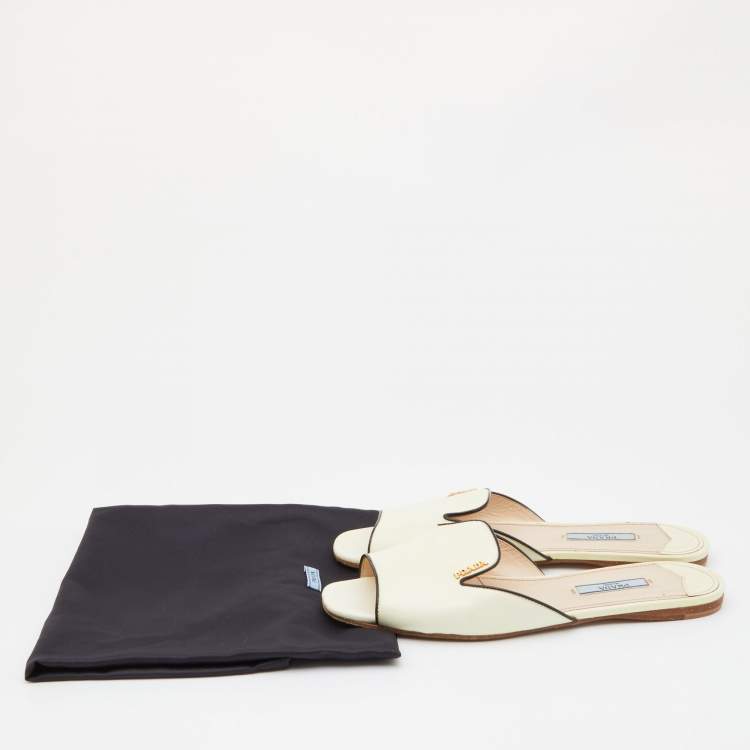 Pre Owned Prada Off White Saffiano Patent Leather Flat Slides Size 38