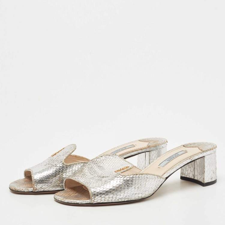 Pre Owned Prada Metallic Silver Python Embossed Leather Slide Sandals Size 36