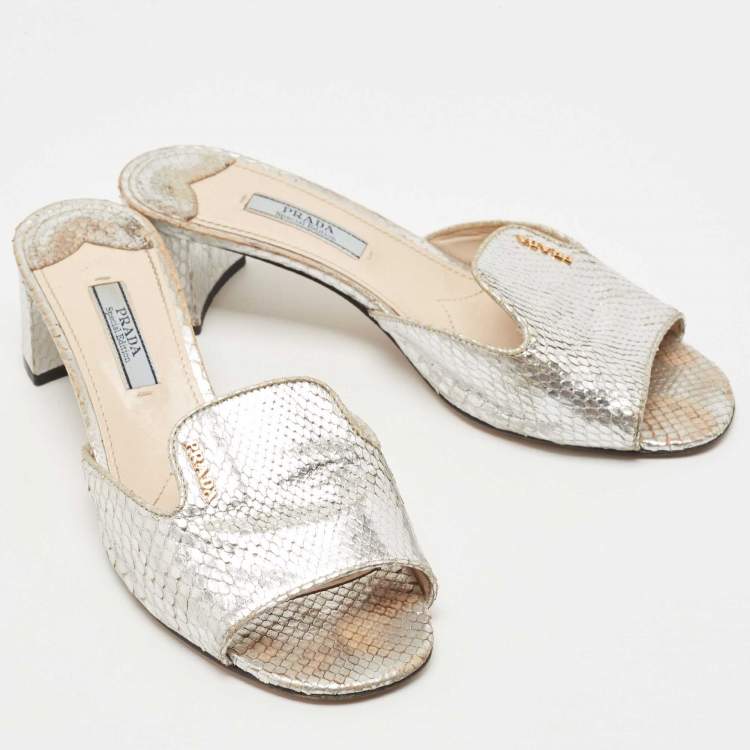 Pre Owned Prada Metallic Silver Python Embossed Leather Slide Sandals Size 36
