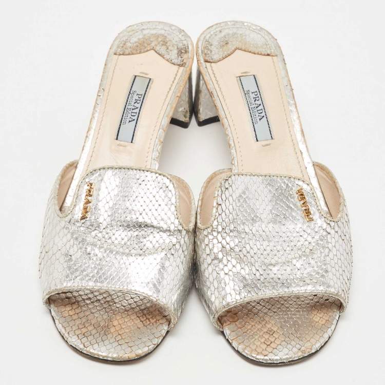 Pre Owned Prada Metallic Silver Python Embossed Leather Slide Sandals Size 36