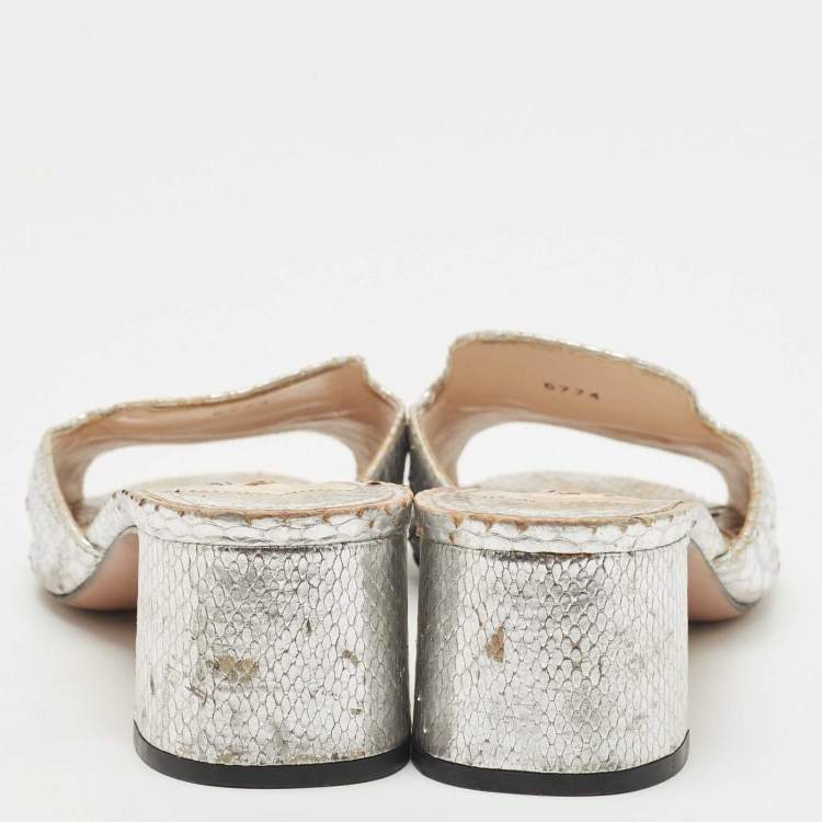 Pre Owned Prada Metallic Silver Python Embossed Leather Slide Sandals Size 36