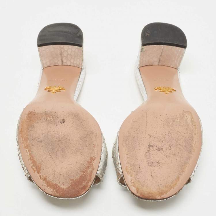 Pre Owned Prada Metallic Silver Python Embossed Leather Slide Sandals Size 36