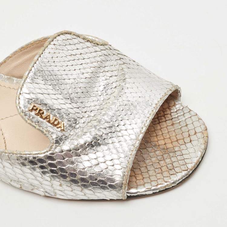 Pre Owned Prada Metallic Silver Python Embossed Leather Slide Sandals Size 36