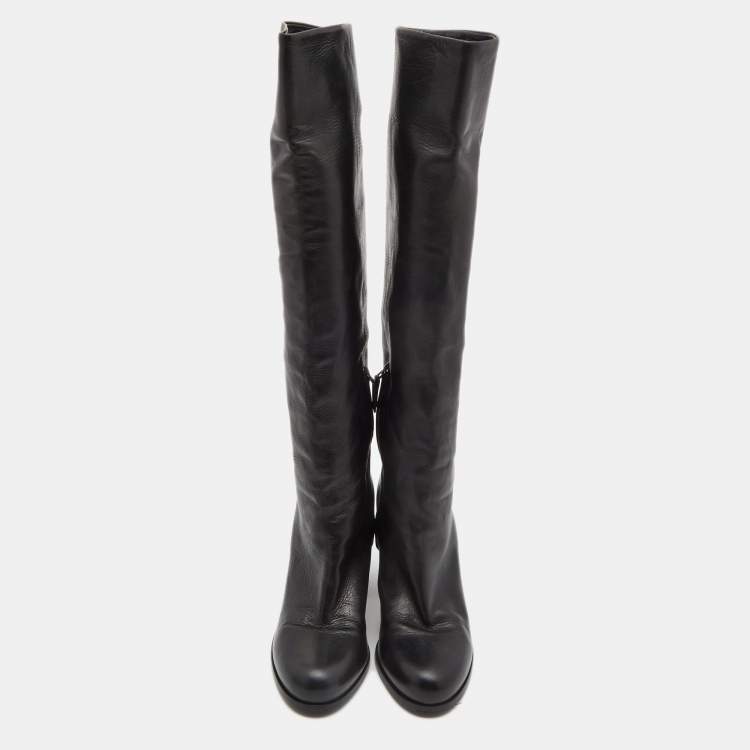 Pre Owned Prada Black Leather Knee Length Block Heel Boots Size 37