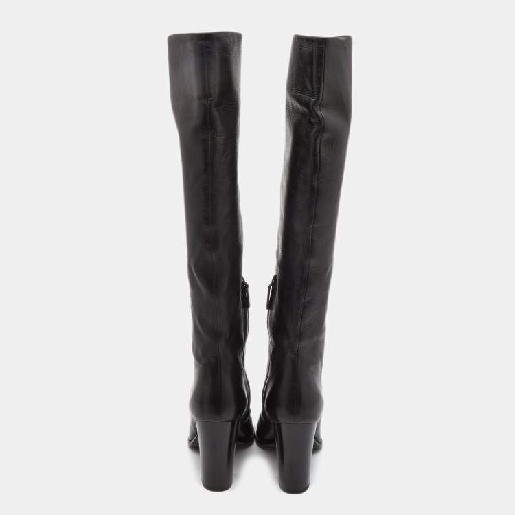Pre Owned Prada Black Leather Knee Length Block Heel Boots Size 37