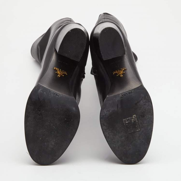 Pre Owned Prada Black Leather Knee Length Block Heel Boots Size 37