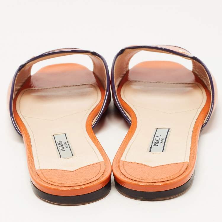 Pre Owned Prada Orange Patent Leather Flat Slides Size 38.5